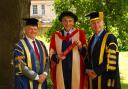 Councillor Tony Page (Labour, Abbey) the Mayor of Reading, receiving an Honorary Doctorate of Letters ) from the University of Reading with VC Professor Robert Van de Noort (left) and Chancellor Paul Lindley (right). Credit:  University of Reading