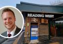 Jason Brock, the leader of Reading Borough Council, celebrates the opening of the Reading West station ticket building.