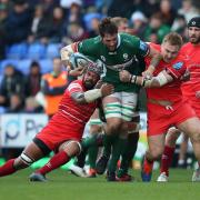 London Irish's Ruan Botha is tackled by Leicester Tigers' Jordan Taufua (left) during the Gallagher Premiership match at the Madejski Stadium, Reading. PA Photo. Picture date: Sunday November 10, 2019. See PA story RUGBYU London Irish. Photo