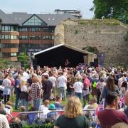 An Ed Sheeran tribute act plays the jubilee tribute concert in the Abbey Ruins, Reading
