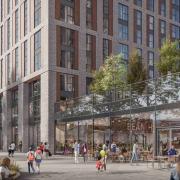 A CGI of the new pre-application scheme for Broad Street Mall, showing a fronting onto Dusseldorf Way in Reading town centre. Credit: AEW / McLaren Living