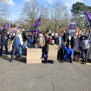 Healthcare contractors on strike calling on their company to pay a one-off payment already received by NHS staff at Prospect Park Hospital. Credit: Amandeep Singh