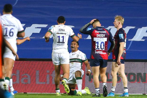 London Irish's Waisake Naholo celebrates scoring a try during the Gallagher Premiership at Ashton Gate, Bristol. PA Photo. Picture date: Sunday December 1, 2019. See PA story RUGBYU Bristol. Photo credit should read: Mark Kerton/PA Wire.