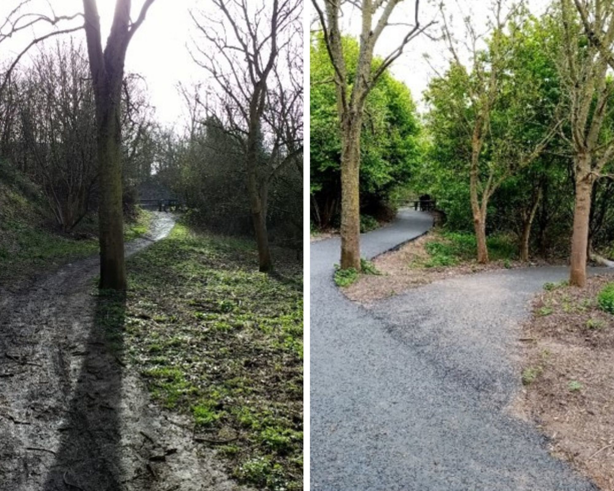 Path regraded at Rose Kiln Lane with new link to Kennet Island (before and after)