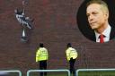 Police officers inspect artwork graffitied on Reading prison by Banksy and inset, Reading East MP Matt Rodda