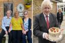 Left: Sharon Clarke and her parents. Right: Photograph dated 19/6/2020 - Boris Johnson holds up a birthday cake - baked for him by school staff - during a visit to Bovingdon Primary Academy.