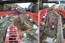Rubbish littered in Oxford Road, Reading, in a trench dug to improve Reading West train station