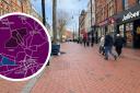 Broad Street in Reading. Inset: The Government coronavirus map of Reading