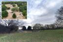A file photo of an empty Arthur Newbery Park and inset, a photograph of a caravan camp which occupied the same area on Wednesday taken by Tony McGinn of flyskydrones.com