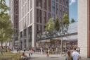 A CGI of the new pre-application scheme for Broad Street Mall, showing a fronting onto Dusseldorf Way in Reading town centre. Credit: AEW / McLaren Living