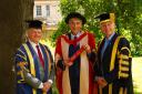 Councillor Tony Page (Labour, Abbey) the Mayor of Reading, receiving an Honorary Doctorate of Letters ) from the University of Reading with VC Professor Robert Van de Noort (left) and Chancellor Paul Lindley (right). Credit:  University of Reading