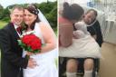 (Left) Kelly Hull and Gareth on their wedding day, right, Gareth in hospital with sepsis