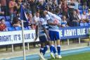 Reading celebrate Yakou Meite's goal against Birmingham. Pictures: Mike Swift.