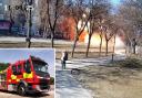 Kyiv City Council handout image of the moment a Russian projectile destroyed a Kyiv city bus and surrounding street on Monday, killing one person and injuring six. Inset: A Royal Berkshire Fire and Rescue Service fire engine