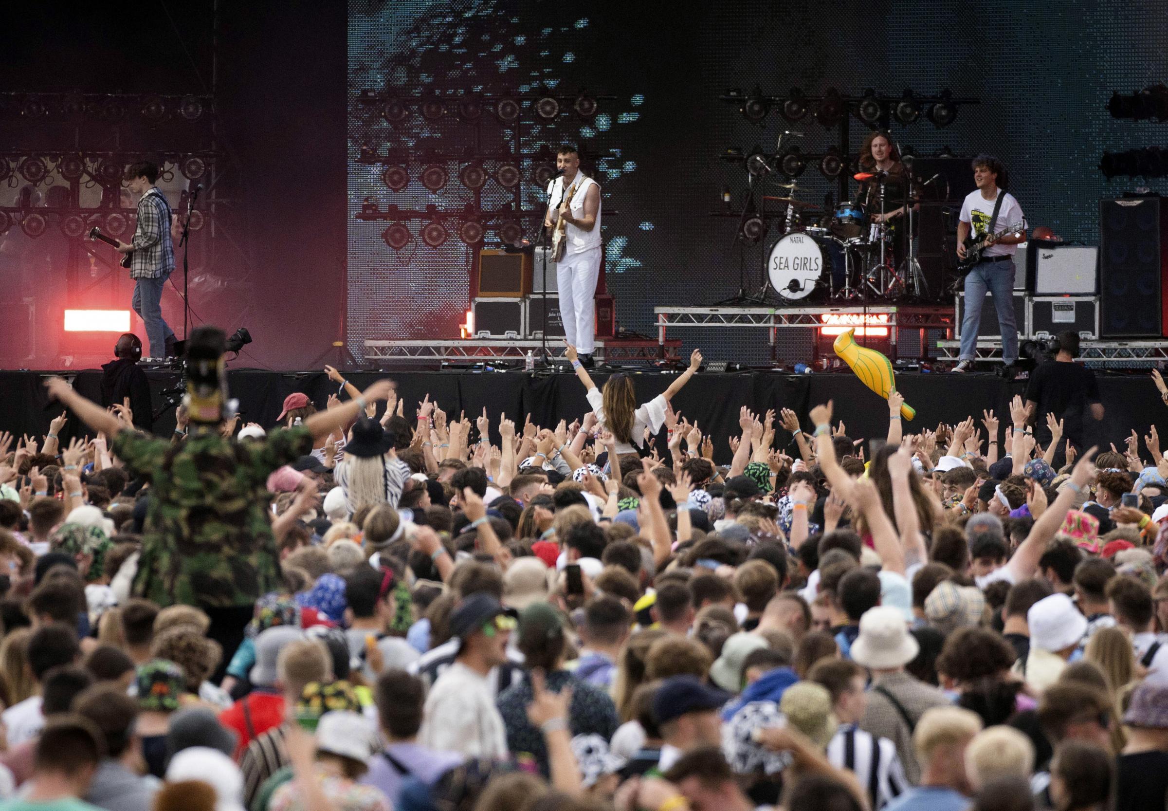 Sea Girls perform at the Reading Music Festival, England, Friday, Aug. 27, 2021. (AP Photo/Scott Garfitt).
