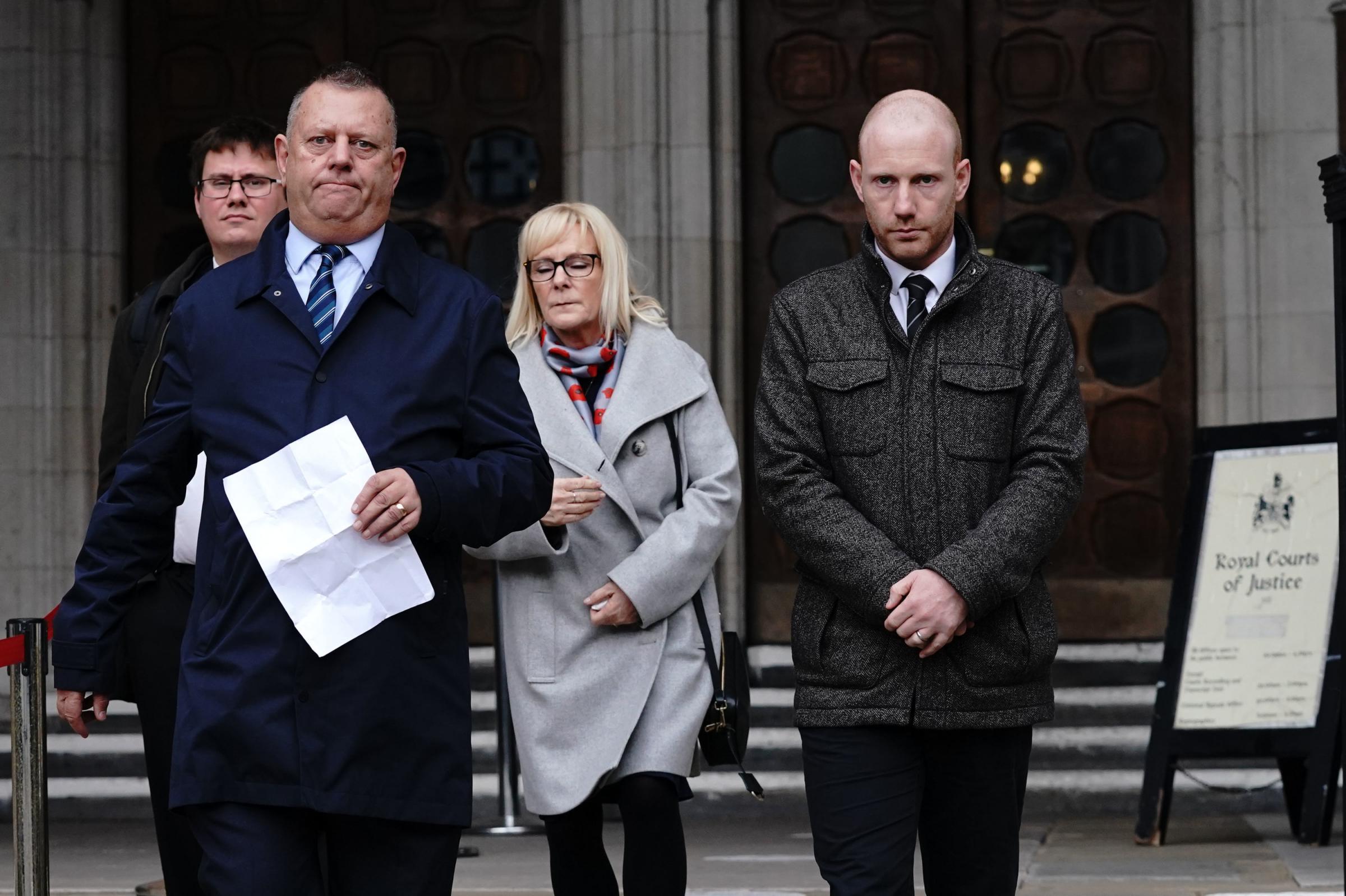The family of James Furlong (left to right) his partner Tony Belicard, his father Gary Furlong senior, his mother Janet Furlong, and brother Gary Furlong junior, speak to the media outside the Court of Appeal at The Royal Courts Of Justice, central