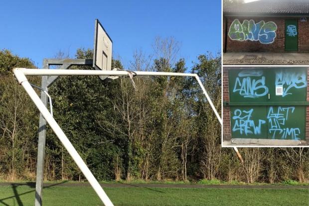 Graffiti and vandalised goal posts at Laurel Park FC in Lower Early