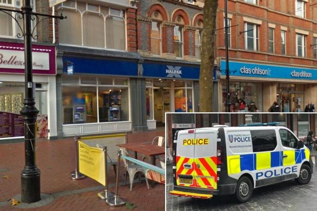 Halifax in Broad Street, Reading, where a woman was robbed while using an ATM and inset, a file photo of a Thames Valley police van