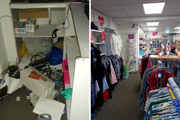 Left, destruction left by burglars at Sue Ryder, Tilehurst, Reading, and right, the charity shop following hundreds of donations and hours of cleaning