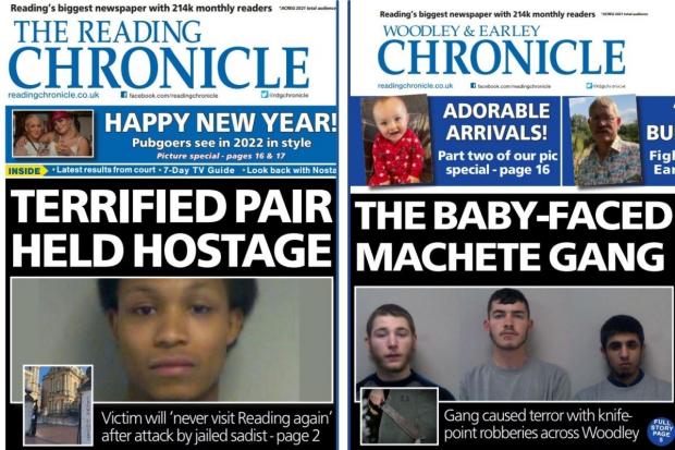 Paper preview. The Reading Chronicle leads with: Terrified Pair Held Hostage. The Woodley and Earley and Chronicle leads with: The Baby -Faced Machete Gang
