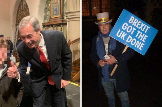 Left: Nigel Farage in Reading Minster and right, a pro-EU demonstrator outside. Credit: Berkshire for Europe
