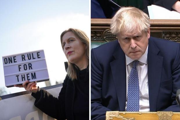 Left to right: A protestor in Parliament Square in Westminster, London, and Prime Minister Boris Johnson during Prime Minister's Questions in the House of Commons