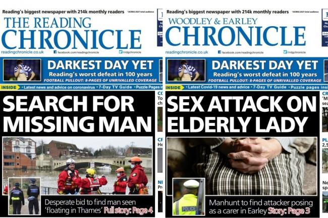 Paper preview. The Reading Chronicle leads with: Search for missing man. The Woodley and Earley and Chronicle leads with: Sex attack on elderly lady