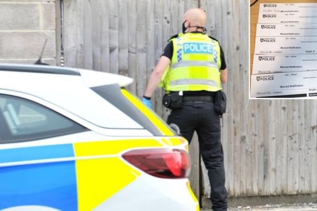 File photo of a police raid and inset: Warrants for the arrest of six people in Reading