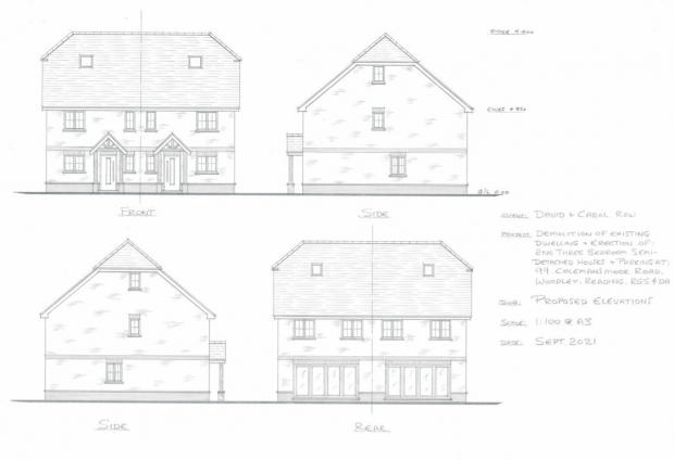 Reading Chronicle: Sketches of what the new house, which will provide two three-bedroom homes will look like at 99 Colemansmoor Road, Woodley. Credit: David And Carol Row