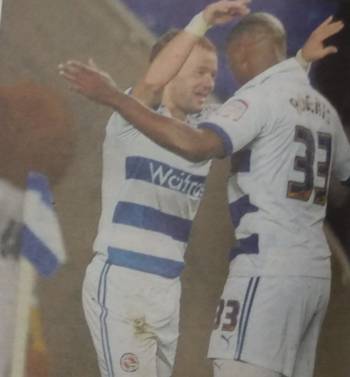 Noel Hunt celebrates with Jason Roberts after the former scored the winner against Portsmouth in March 2012