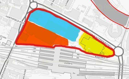 Reading Chronicle: Reading Local Plan Policy CR11e. The area in blue -the retail park- is owned by Aviva, the area in orange -the Royal Mail depot- is owned by Hermes, and the area in yellow -the station car park- is owned by Network Rail. Credit: Reading Borough Council