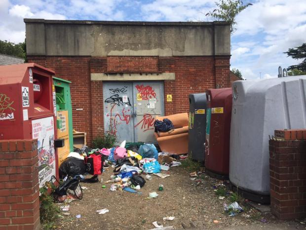 Reading Chronicle: Heavy flytipping at a bottle bank in Erleigh Road, East Reading, taken on August 2, 2021. Credit: James Aldridge, Local Democracy Reporting Service
