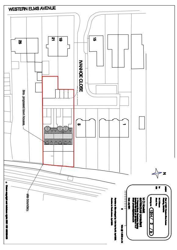 Reading Chronicle: The proposed block plan for the three new homes in Ivanhoe Close, to the rear of Western Elms Avenue in Reading. Credit: M D Howlett