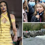A model on the catwalk during the Mark Fast show at London Fashion Week in September, Greta Thunberg alongside fellow climate activists during a demonstration at Festival Park, Glasgow, on the first day of the Cop26 summit, and Caversham Weir.