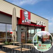 KFC has opened its new Reading location in Lower Earley. Inset: adverts in the unit in November. Credit: PA Media / Joy Luck