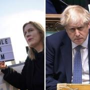 Left to right: A protestor in Parliament Square in Westminster, London, and Prime Minister Boris Johnson during Prime Minister's Questions in the House of Commons