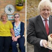Left: Sharon Clarke and her parents. Right: Photograph dated 19/6/2020 - Boris Johnson holds up a birthday cake - baked for him by school staff - during a visit to Bovingdon Primary Academy.