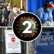 Residents queue in droves for the first vaccine in Tilehurst, a nurse in full PPE tends to a patient with Covid 19, a coronavirus warning sign, and a message to the NHS painted in Reading train station. Top left and bottom right photos by Paul King.