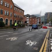 A cyclist goes down the road in Sidmouth Street rather than use the dedicated cycle lanes. Credit: KMC Transport Planning