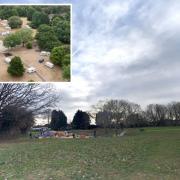 A file photo of an empty Arthur Newbery Park and inset, a photograph of a caravan camp which occupied the same area on Wednesday taken by Tony McGinn of flyskydrones.com