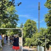 An impression made by neighbour Paul Wigmore of what the 5G mast might look like if built in Kidmore Road, Caversham. Credit: Paul Wigmore / image of 5G mast taken from Shutterstock. Inset Neighbours raise concerns with councillor Sue Kitchingham