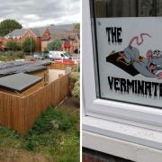 The 'unauthorised' shed like structures (left) and Patricia Tynan's 'verminator' sign. Credit: James Aldridge, Local Democracy Reporting Service