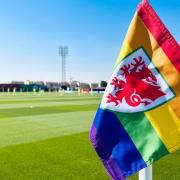 A rainbow corner flag at the Wales team's training facility in Al-Sadd, Doha, Qatar