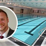 Jason Brock, Reading Borough Council leader and the swimmming pool at the reopened Palmer Park Leisure Centre. Credit: Reading Borough Council