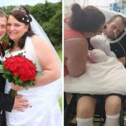 (Left) Kelly Hull and Gareth on their wedding day, right, Gareth in hospital with sepsis