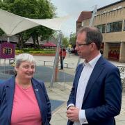 Councillor Pauline Jorgensen, Conservative parliamentary candidate for Earley and Woodley, and Matthew Barber re-elected Conservative police and crime commissioner for the Thames Valley in a visit to Woodley. Credit: Conservative Party