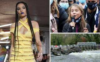 A model on the catwalk during the Mark Fast show at London Fashion Week in September, Greta Thunberg alongside fellow climate activists during a demonstration at Festival Park, Glasgow, on the first day of the Cop26 summit, and Caversham Weir.