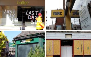 Hotter, Fabric Land, Subway and a shop in Dusseldorf Way: Some of the many empty units in Reading