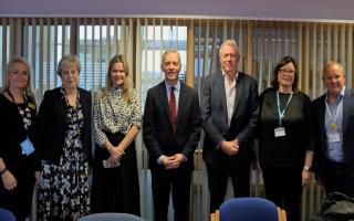 Nicky Lloyd, Chief Finance Officer, Theresa May, MP, Laura Farris, MP, Matt Rodda, MP, James Sunderland, MP, Steve McManus, Chief Executive and Alison Foster, Programme Director of Building Berkshire Together.