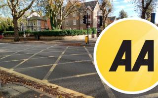 The yellow box junction of London Road and Alexandra Road in Reading, and inset, The AA logo. Credit: James Aldridge, Local Democracy Reporter / The AA
